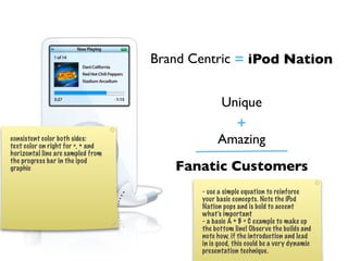 Brand Centric = iPod Nation


                                               Unique
                                                 +
consistent color both sides:
text color on right for =, + and
                                               Amazing
horizontal line are sampled from
the progress bar in the ipod
graphic                               Fanatic Customers
                                          - use a simple equation to reinforce
                                          your basic concepts. Note the iPod
                                          Nation pops and is bold to accent
                                          what’s important
                                          - a basic A + B = C example to make up
                                          the bottom line! Obser ve the builds and
                                          note how, if the introduction and lead
                                          in is good, this could be a very dynamic
                                          presentation technique.
 