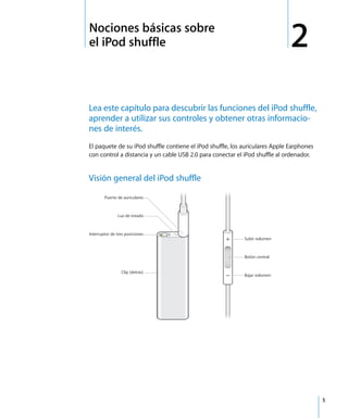 2
5
2 Nociones básicas sobre
el iPod shuffle
Lea este capítulo para descubrir las funciones del iPod shuffle,
aprender a utilizar sus controles y obtener otras informacio-
nes de interés.
El paquete de su iPod shuffle contiene el iPod shuffle, los auriculares Apple Earphones
con control a distancia y un cable USB 2.0 para conectar el iPod shuffle al ordenador.
Visión general del iPod shuffle
Clip (detrás)
Subir volumen
Botón central
Bajar volumen
Puerto de auriculares
Luz de estado
Interruptor de tres posiciones
 