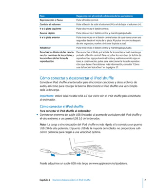 Capítulo 2 Nociones básicas sobre el iPod shuffle 7
Cómo conectar y desconectar el iPod shuffle
Conecte el iPod shuffle al ordenador para sincronizar canciones y otros archivos de
audio, así como para recargar la batería. Desconecte el iPod shuffle una vez comple-
tada la descarga.
Importante: Utilice solo el cable USB 2.0 que viene con el iPod shuffle para conectarlo
al ordenador.
Cómo conectar el iPod shuffle
Para conectar el iPod shuffle al ordenador:
m Conecte un extremo del cable USB (incluido) al puerto de auriculares del iPod shuffle y
el otro extremo a un puerto USB 2.0 del ordenador.
Nota: La carga o sincronización del iPod shuffle es más rápida si lo conecta a un puerto
USB 2.0 de alta potencia. El puerto USB de la mayoría de teclados no proporciona sufi-
ciente potencia para cargar a una velocidad óptima.
Puede adquirirse un cable USB más largo en www.apple.com/es/ipodstore.
Para Haga esto con el control a distancia de los auriculares
Reproducción o Pausa Pulse el botón central.
Cambiar el volumen Pulse el botón de subir el volumen (∂) o el de bajar el volumen (D).
Ir a la pista siguiente Pulse dos veces el botón central.
Avance rápido Pulse dos veces el botón central y manténgalo pulsado.
Ir a la pista anterior Pulse tres veces en el botón central antes de que transcurran seis
segundos desde el inicio de la pista. Al pulsar tres veces después
de seis segundos, vuelve a iniciarse la pista actual.
Rebobinar Pulse tres veces el botón central y manténgalo pulsado.
Escuchar los títulos de las cancio-
nes, los nombres de los artistas y
los nombres de las listas de
reproducción
Para escuchar el título y el artista de la canción actual, mantenga
pulsado el botón central. Para escuchar los nombres de la lista de
reproducción, siga pulsando el botón y suéltelo cuando oiga un
tono; a continuación, pulse para seleccionar la lista de reproduc-
ción que desee. Para obtener más información, consulte “Cómo
usar la función VoiceOver”en la página 27.
 