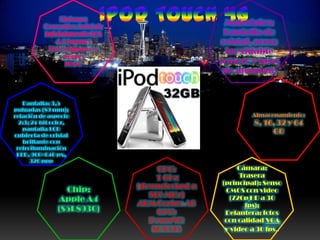 Sistema
          Operativo inicial:
                                                 Materiales:
          Inicialmente iOS                       Pantalla de
             4.1 (negro)                        cristal, acero
           iOS 5 (blanco y                        inoxidable
                negro)
                 iOS 6                          trasero y bisel
                                                 de aluminio



   Pantalla: 3,5
pulgadas (89 mm);
relación de aspecto                                      Almacenamiento:
  2:3; 24-bit color,                                      8, 16, 32 y 64
   pantalla LCD
                                                               GB
cubierta de cristal
   brillante con
 retroiluminación
 LED, 960×640 px,
      326 ppp
                                    CPU:             Cámara:
                                    1 GHz             Trasera
                                                (principal): Senso
                 Chip:         (downclocked a
                                                 CMOS con video
                                  800 MHz)         (720p HD a 30
               Apple A4        ARM Cortex-A8            fps);
               (S5L8930)            GPU:         Delantera: fotos
                                  PowerVR        con calidad VGA
                                   SGX535        y video a 30 fps..
 