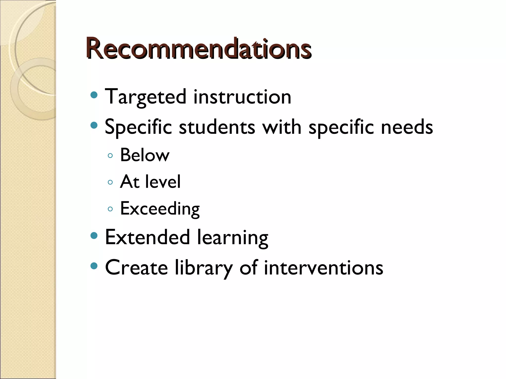 Recommendations Targeted instruction Specific students with specific needs Below  At level Exceeding  Extended learning Create library of interventions 