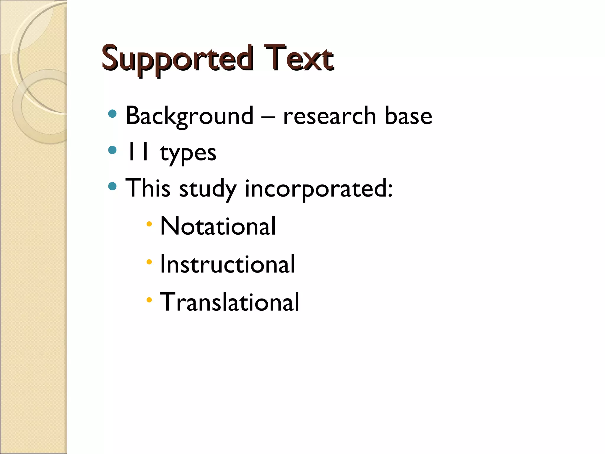 Supported Text Background – research base 11 types This study incorporated: Notational  Instructional  Translational 