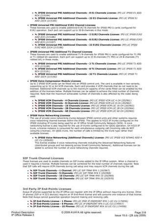 ·   IP500 Universal PRI Additional Channels - 8 E1 Channels License: IPO LIC IP500 E1 ADD
                   8CH (215184)
                 ·   IP500 Universal PRI Additional Channels - 22 E1 Channels License: IPO LIC IP500 E1
                   ADD 22CH (215185)

             · IP500 Universal PRI Additional E1R2 Channel Licenses
               These licenses are used to enable additional E1R2 B-channels for IP500 PRI-U cards configured for
               E1R2 operation. Each port can support up to 30 B-channels in this mode.
                 ·   IP500 Universal PRI Additional Channels - 2 E1R2 Channels License: IPO LIC IP500 E1R2
                   ADD 2CH (215186)
                 ·   IP500 Universal PRI Additional Channels - 8 E1R2 Channels License: IPO LIC IP500 E1R2
                   ADD 8CH (215187)
                 ·   IP500 Universal PRI Additional Channels - 22 E1R2 Channels License: IPO LIC IP500
                   E1R2 ADD 22CH (215188)

             · IP500 Universal PRI Additional T1 Channel Licenses
               These licenses are used to enable additional T1 B-channels for IP500 PRI-U cards configured for T1 PRI
               or T1 robbed-bit operation. Each port can support up to 23 B-channels (T1 PRI) or 24 B-channels (T1
               robbed bit) in these mode.
                 ·   IP500 Universal PRI Additional Channels - 2 T1 Channels License: IPO LIC IP500 T1 ADD
                   2CH (215180)
                 ·   IP500 Universal PRI Additional Channels - 8 T1 Channels License: IPO LIC IP500 T1 ADD
                   8CH (215181)
                 ·   IP500 Universal PRI Additional Channels - 32 T1 Channels License: IPO LIC IP500 T1
                   ADD 32CH (215182)

             · IP500 Voice Compression Module Licenses
               Up to 2 IP500 VCM cards can be fitted into an IP500 control unit. The card is available in two variants,
               supporting up to 32 or 64 VCM channels. Each card provides 4 VCM channels that do not need to be
               licensed. Additional VCM channels up to the maximum capacity of the cards fitted can be enabled by the
               addition of the licenses below. Multiple licenses can be added to achieve the total number of channels
               required. Note that the maximum achievable number of channels is also affected by the codec being
               used.
                 ·      IP500   VCM   Channels    -   4 Channels License: IPO LIC IP500 VCM LIC 4 CH (202961)
                 ·      IP500   VCM   Channels    -   8 Channels License: IPO LIC IP500 VCM LIC 8 CH (202962)
                 ·      IP500   VCM   Channels    -   16 Channels License: IPO LIC IP500 VCM LIC 16 CH (202963)
                 ·      IP500   VCM   Channels    -   28 Channels License: IPO LIC IP500 VCM LIC 28 CH (202964)
                 ·      IP500   VCM   Channels    -   60 Channels License: IPO LIC IP500 VCM LIC 60 CH (202965)

             · IP500 Voice Networking Licenses
               The use of private voice networking trunks between IP500 control units and other systems requires
               voice networking channel licenses within the IP500. This applies to H323 IP trunks configured on the
               IP500 including IP trunks being used for an IP Office Small Community Network (SCN). A voice
               networking license is also required for the use of trunks configured to for QSIG operation. On H323 IP
               trunk, a license instance is consumed for each simultaneous outgoing call (incoming calls do NOT
               consume a license). On QSIG trunk, the number of calls is limited by the trunk type rather than
               available licenses.

                 ·       IP500 Voice Networking (Additional Channels) License: IPO LIC IP500 VCE NTWKG ADD 4
                      LIC:CU (205650)
                      This license enables 4 voice networking channels including the Advanced Networking features
                      (distributed groups and hot-desking across Small Community Network). Additional licenses can be
                      added to achieve the number of voice networking channels required.



         SIP Trunk Channel Licenses
         These licenses are used to enable channels on SIP trunks added to the IP Office system. When a channel is
         used it requires a license. Multiple licenses can be combined for the total number of channels required. Note
         that SIP calls will require VCM channels during call setup and may require VCM channels during the call.
             ·    SIP   Trunk   Channels   -   1 Channel: IPO LIC SIP TRNK RFA 1 (202967)
             ·    SIP   Trunk   Channels   -   5 Channels: IPO LIC SIP TRNK RFA 5 (202968)
             ·    SIP   Trunk   Channels   -   10 Channels: IPO LIC SIP TRNK RFA 10 (202969)
             ·    SIP   Trunk   Channels   -   20 Channels: IPO LIC SIP TRNK RFA 20 (202970)



         3rd Party IP End-Points Licenses
         Avaya IP phones supported by the IP Office can register with the IP Office without requiring any license. Other
         IP phones (SIP or H.323 devices) require an IP End-Point license and will consume one instance of that license.
         Note that Avaya cannot guarantee operation beyond making and receiving calls.
             ·    IP End-Points License - 1 Phone: IPO LIC IP40 IP ENDPOINT RFA 1 LIC:CU (174956)
             ·    IP End-Points License - 5 Phones: IPO LIC IP ENDPOINT RFA 5 LIC:CU (174957)
             ·    IP End-Points License - 10 Phones: IPO LIC IP ENDPOINT RFA 10 LIC:CU (174958)

Product Description                             © 2009 AVAYA All rights reserved.                                Page 318
IP Office Release 5                                                                            Issue 19.d.- (28 July 2009)
 