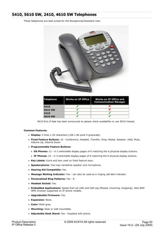 5410, 5610 SW, 2410, 4610 SW Telephones
         These telephones are best suited for the Receptionist/Assistant User.




                           Telephone          Works on IP Office         Works on IP Office and
                                                                        Communication Manager

                           5410
                           5610 SW
                           2410
                           4610 SW

                      4610 End of Sale has been announced so please check availability or use 5610 instead.



         Common Features:

             · Display: 5 lines x 29 characters (168 x 80 pixel 4-grayscale).

             · Fixed Feature Buttons: 10 - Conference, Headset, Transfer, Drop, Redial, Speaker, Hold, Mute,
               Volume Up, Volume Down.

             · Programmable Feature Buttons:

               · DS Phones: 12 - in 2 switchable display pages of 6 matching the 6 physical display buttons.

               · IP Phones: 24 - in 4 switchable display pages of 6 matching the 6 physical display buttons.

             · Key Labels: Icons and text used on fixed feature keys.

             · Speakerphone: Two-way handsfree speaker and microphone.

             · Hearing Aid Compatible: Yes.

             · Message Waiting Indicator: Yes - can also be used as a ringing call alert indicator.

             · Personalized Ring Patterns: Yes - 8.

             · Headset Socket: Yes.

             · Embedded Applications: Speed Dial List (48) and Call Log (Missed, Incoming, Outgoing). Also WAP
               WML browser supported on IP phone models.

             · Upgradeable Firmware: Yes.

             · Expansion: None.

             · Color: Multi-gray.

             · Mounting: Desk or wall mountable.

             · Adjustable Desk Stand: Yes - Supplied with phone.


Product Description                          © 2009 AVAYA All rights reserved.                                  Page 50
IP Office Release 5                                                                          Issue 19.d.- (28 July 2009)
 