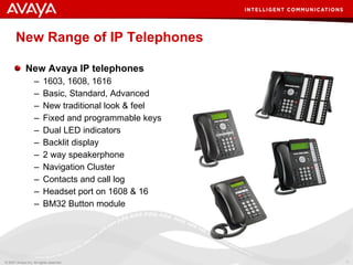New Range of IP Telephones New Avaya IP telephones 1603, 1608, 1616 Basic, Standard, Advanced New traditional look & feel Fixed and programmable keys Dual LED indicators Backlit display 2 way speakerphone Navigation Cluster Contacts and call log Headset port on 1608 & 16 BM32 Button module 