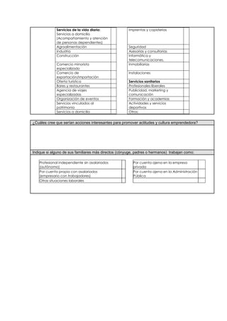 Servicios de la vida diaria:
Servicios a domicilio
(Acompañamiento y atención
de personas dependientes)
Imprentas y copisterías
Agroalimentación Seguridad
Industria Asesorías y consultorías
Construcción Informática y
telecomunicaciones.
Comercio minorista
especializado
Inmobiliarias
Comercio de
exportación/importación
Instalaciones
Oferta turística Servicios sanitarios
Bares y restaurantes Profesionales liberales
Agencia de viajes
especializadas
Publicidad, marketing y
comunicación
Organización de eventos Formación y academias
Servicios vinculados al
patrimonio
Actividades y servicios
deportivos
Servicios a domicilio Otros:
¿Cuáles cree que serían acciones interesantes para promover actitudes y cultura emprendedora?
Indique si alguno de sus familiares más directos (cónyuge, padres o hermanos) trabajan como:
Profesional independiente sin asalariados
(autónomo)
Por cuenta ajena en la empresa
privada
Por cuenta propia con asalariados
(empresario con trabajadores)
Por cuenta ajena en la Administración
Pública
Otras situaciones laborales
 