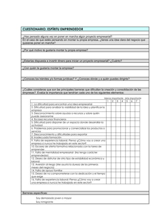 CUESTIONARIO: ESPÍRITU EMPRENDEDOR
oyecto empresarial?¿Has pensado alguna vez en poner en marcha algún pr
a empresa, ¿tienes una idea clara del negocio queEn el caso de que estés pensando en montar tu propi
quisieras poner en marcha?
a?¿Por qué motivo te gustaría montar tu propia empres
un proyecto empresarial? ¿Cuánto?¿Estarías dispuesta a invertir dinero para iniciar
¿Con quién te gustaría montar la empresa?
ces dónde y a quién puedes dirigirte?¿Conoces los trámites y/o formas jurídicas? Y ¿Cono
que dificultan la creación y consolidación de las¿Cuáles consideras que son las principales barreras
uno de los siguientes elementos:empresas?. Evalúa la importancia que tendrían cada
1 2 3 4 5 6 7
Menos importante Más importante
l1. La dificultad para encontrar una idea empresaria
empresa
a y planificar la2. Dificultad para analizar la viabilidad de la ide
puede asesorarme
quién3. Desconocimiento sobre ayudas o recursos y sobre
4. Escasez recursos financieros
actividad
arrollar la5. Dificultad para disponer de un espacio donde des
servicios
roductos o6. Problemas para promocionar y comercializar los p
7. Desconocimiento y dificultades para exportar
8. Inadecuada formación
empresa si nunca he trabajado en este sector?
crear una9. Falta de experiencia laboral. Pienso ¿Cómo voy a
emprender
tarea de10. Escasez de oferta formativa relacionada con la
emprendedor)
cter11. Falta de mentalidad empresarial (No tengo cará
laboral
económica y12. Deseo de disfrutar de otro tipo de estabilidad
meses del negocio)
primeros13. Aversión al riesgo (Me asusta la dureza de los
14. Falta de apoyo familiar
que exige
l tiempo15. Deseo de no comprometerse con la dedicación y e
una empresa si nunca he trabajado en este sector?
a crear16. Falta de experiencia laboral: Pienso ¿Cómo voy
Barreras específicas:
Soy demasiado joven o mayor
Soy inmigrante
 