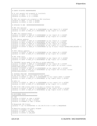  8 Appendices
# ALWAYS ACCEPTED #############
# LO (All packets are accepted on localhost)
iptables -A INPUT -i lo -j ACCEPT
iptables -A OUTPUT -o lo -j ACCEPT
# TUN0 (All packets are accepted on VPN interface)
iptables -A INPUT -i tun0 -j ACCEPT
iptables -A OUTPUT -o tun0 -j ACCEPT
# OUTGOING TO WAN #######################
# DNS (dns queries)
iptables -A OUTPUT -s $EXT_IP -d $EVERYWHERE -p udp --dport 53 -j ACCEPT
iptables -A INPUT -d $EXT_IP -s $EVERYWHERE -p udp --sport 53 -j ACCEPT
# SMTP (for sending alers)
iptables -A OUTPUT -s $EXT_IP -d $EVERYWHERE -p tcp --dport 25 -j ACCEPT
iptables -A INPUT -d $EXT_IP -s $EVERYWHERE -p tcp --sport 25 -j ACCEPT
# FTP (debian updates)
iptables -A OUTPUT -s $EXT_IP -d $EVERYWHERE -p tcp --dport 21 -j ACCEPT
iptables -A INPUT -d $EXT_IP -s $EVERYWHERE -p tcp --sport 21 -j ACCEPT
iptables -A OUTPUT -s $EXT_IP -d $EVERYWHERE -p tcp --dport 20 -j ACCEPT
iptables -A INPUT -d $EXT_IP -s $EVERYWHERE -p tcp --sport 20 -j ACCEPT
iptables -A OUTPUT -s $EXT_IP -d $EVERYWHERE -p tcp -m state --state ESTABLISHED,RELATED -j
ACCEPT
# HTTP (debian updates)
iptables -A OUTPUT -s $EXT_IP -d $EVERYWHERE -p tcp --dport 80 -j ACCEPT
iptables -A INPUT -d $EXT_IP -s $EVERYWHERE -p tcp --sport 80 -j ACCEPT
# NTP (Time sync)
iptables -A OUTPUT -s $EXT_IP -d $EVERYWHERE -p udp --dport 123 -j ACCEPT
iptables -A INPUT -d $EXT_IP -s $EVERYWHERE -p udp --sport 123 -j ACCEPT
# TINYPROXY (proxy needs to be able to access websites)
iptables -A OUTPUT -s $EXT_IP -d $EVERYWHERE -p tcp --dport 80 -j ACCEPT
iptables -A INPUT -d $EXT_IP -s $EVERYWHERE -p tcp --sport 80 -m state --state
ESTABLISHED,RELATED -j ACCEPT
iptables -A OUTPUT -s $EXT_IP -d $EVERYWHERE -p tcp --dport 443 -j ACCEPT
iptables -A INPUT -d $EXT_IP -s $EVERYWHERE -p tcp --sport 443 -m state --state
ESTABLISHED,RELATED -j ACCEPT
# INCOMING FROM WAN ######################
# SSH 60022 (SSH is on port 60022 on this server)
iptables -A OUTPUT -s $EXT_IP -d $EVERYWHERE -p tcp --sport 60022 -j ACCEPT
iptables -A INPUT -d $EXT_IP -s $EVERYWHERE -p tcp --dport 60022 -j ACCEPT
# AUTH 113
iptables -A OUTPUT -s $EXT_IP -d $EVERYWHERE -p tcp --sport 113 -j ACCEPT
iptables -A INPUT -d $EXT_IP -s $EVERYWHERE -p tcp --dport 113 -j ACCEPT
# VPN 61194 (VPN clients need to be able to connect the server)
iptables -A OUTPUT -s $EXT_IP -d $EVERYWHERE -p udp --sport 61194 -j ACCEPT
iptables -A INPUT -d $EXT_IP -s $EVERYWHERE -p udp --dport 61194 -j ACCEPT
#################################
# ADITIONNAL RULES
#################################
# ICMP
iptables -A OUTPUT -p icmp -j ACCEPT
iptables -A INPUT -p icmp -j ACCEPT
iptables -A FORWARD -p icmp -j ACCEPT
# Masquerade VPN Clients
iptables -t nat -A POSTROUTING -s 192.168.93.0/24 -o eth0 -j MASQUERADE
# Remaining packets are simply dropped
iptables -A FORWARD -j DROP
iptables -A INPUT -j LOG_DROP
iptables -A OUTPUT -j LOG_DROP
123 of 124   B. VALENTIN – MSC DISSERTATION
 