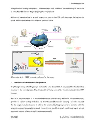  4 Adopted Approach
compiled binary package for OpenWRT. Some tests have been performed but the memory on the router
is not suﬃcient to achieve the job properly on a busy network.
Although it is working ﬁne for a small network, as soon as the HTTP traﬃc increases, the load on the
probe is increased to a level that causes the system to freeze.
3 Web proxy installation and conﬁguration
A lightweight proxy, called Tinyproxy is available for Linux Debian Etch. It provides all the func<onali<es
required by the current project. Thus it is capable of hiding some of the headers included in the HTTP
request. 
First of all, Tinyproxy needs to be installed on the server. Unfortunately, the default version of <nyproxy,
provided as a binary package for Debian 4.0, doesn't support transparent proxying, a condi<on required
for the adopted solu<on to work. To achieve this func<onality, Tinyproxy has to be compiled with the
enable‐transparent‐proxy op<on enabled. Hence, it is not possible to simply install <nyproxy via apt‐get
command. Instead, it has to be built from source manually.
57 of 124   B. VALENTIN – MSC DISSERTATION
Illustration 4.12.: HTTP stream is redirected to the proxy
 