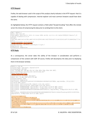  5 Descrip<on of results
HTTP Request
Firefox, the web browser used in the scope of this analysis clearly indicates in the HTTP request  that it is
capable of dealing with compression. Internet explorer and most common browsers would have done
the same. 
As highlighted below, the HTTP request contains a ﬁeld called “Accept‐Encoding” that oﬀers the remote
server the choice of compressing the data prior to sending them to the client.
GET / HTTP/1.1
Host: www.live.com
User-Agent: Mozilla/5.0 (X11; U; Linux i686; en-US; rv:1.8.1.14) Gecko/20080418 Ubuntu/7.10
(gutsy) Firefox/2.0.0.14
Accept:
text/xml,application/xml,application/xhtml+xml,text/html;q=0.9,text/plain;q=0.8,image/png,*/*;q
=0.5
Accept-Language: en-us,en;q=0.5
Accept-Encoding: gzip,deflate
Accept-Charset: ISO-8859-1,utf-8;q=0.7,*;q=0.7
Keep-Alive: 300
Connection: keep-alive
HTTP Reply
As  a  consequence,  the   server   takes   this   ability   of  the   browser   in   considera<on   and   performs  a
compression of the content with GZIP. Of course, Firefox will decompress the data prior to displaying
them in the browser window. 
HTTP/1.1 200 OK
Content-Type: text/html; charset=utf-8
X-Powered-By: ASP.NET
P3P: CP="NON UNI COM NAV STA LOC CURa DEVa PSAa PSDa OUR IND",
policyref="http://privacy.msn.com/w3c/p3p.xml"
Vary: Accept-Encoding
Content-Encoding: gzip
Cache-Control: private, max-age=0
Date: Fri, 16 May 2008 08:47:16 GMT
Content-Length: 5860
Connection: keep-alive
Set-Cookie: SRCHUID=V=1&GUID=E733C59FA62B46158F49AC021E07DEED; expires=Mon, 20-Jul-2015
23:59:59 GMT; path=/
Set-Cookie: mkt1=norm=en-FR; domain=.live.com; path=/
Set-Cookie: mkt2=ui=en-US; domain=www.live.com; path=/
Set-Cookie: AFORM=NOFORM; expires=Mon, 20-Jul-2015 23:59:59 GMT; path=/
Set-Cookie: SFORM=NOFORM; expires=Fri, 16-May-2008 09:07:16 GMT; path=/
Set-Cookie: SRCHUSR=AUTOREDIR=0&GEOVAR=&DOB=20080516; expires=Mon, 14-May-2018 08:47:16 GMT;
path=/
Set-Cookie: SRCHSESS=GUID=65561A5906FC4B14A842B4BFA3262780&flt=0&PerfTracking=0&TS=1210927636;
expires=Fri, 16-May-2008 09:07:16 GMT; path=/
...........[yS.....~
Ey.{.e..^.).......fn%y....5..#.,..w
..t...bH.Uf...._......_.....T.G.W..|...
DQ.....I.1..+...]~Tt.........=.6...TE.G.r.h<>>j.m..f.........x.GRO..l......of..S...;..y.QB]....
(...><X..(..N....C.|
/.^T...TU.....8.H.wC..S...<.^..6..o..............7....}T.+.B...:.;.vy...4....#Vps...Bk._.C.C.L:
..D.t.z_43?.......B...i6E........_yQ.|G..b|a..Vw .|..t....k......O.Vs`...nS.M....l.9p
.[........w.
.j$>............^4.Xk..o.o
87 of 124   B. VALENTIN – MSC DISSERTATION
 