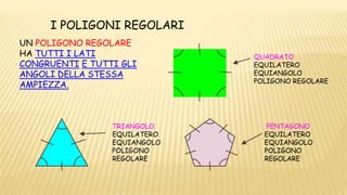 I POLIGONI REGOLARI
UN POLIGONO REGOLARE
HA TUTTI I LATI
CONGRUENTI E TUTTI GLI
ANGOLI DELLA STESSA
AMPIEZZA.
QUADRATO
EQUILATERO
EQUIANGOLO
POLIGONO REGOLARE
TRIANGOLO
EQUILATERO
EQUIANGOLO
POLIGONO
REGOLARE
PENTAGONO
EQUILATERO
EQUIANGOLO
POLIGONO
REGOLARE
 