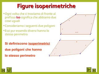 Figure isoperimetricheFigure isoperimetriche
•Ogni volta che ci troviamo di fronte al
prefisso Iso significa che abbiamo due
cose uguali
•Consideriamo i seguenti due poligoni
•Essi pur essendo diversi hanno lo
stesso perimetro
Si definiscono isoperimetrici
due poligoni che hanno
lo stesso perimetro
 