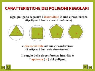 CARATTERISTICHE DEI POLIGONI REGOLARICARATTERISTICHE DEI POLIGONI REGOLARI
Ogni poligono regolare è inscrivibile in una circonferenza
(il poligono è dentro a una circonferenza)
e circoscrivibile ad una circonferenza
(il poligono è fuori della circonferenza)
Il raggio della circonferenza inscritta è
l’apotema ( a ) del poligono
a
a a a
 