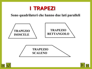 I TRAPEZII TRAPEZI
Sono quadrilateri che hanno due lati paralleli
TRAPEZIO
ISOSCELE
TRAPEZIO
RETTANGOLO
TRAPEZIO
SCALENO
 