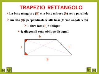 TRAPEZIO RETTANGOLO
La base maggiore (B) e la base minore (b) sono parallele
 un lato (l)è perpendicolare alle basi (forma angoli retti)
 l’altro lato (l1
)è obliquo
B
b
l l1
 le diagonali sono oblique disuguali
 