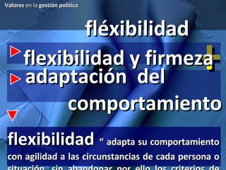 fléxibilidad - + flexibilidad y firmeza flexibilidad  “ adapta su comportamiento con agilidad a las circunstancias de cada persona o situación, sin abandonar por ello los criterios de actuación personal” adaptación  del    .   comportamiento Valores  en la  gestión política 