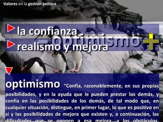 optimismo - + la confianza optimismo  “Confía, razonablemente, en sus propias posibilidades, y en la ayuda que le pueden prestar los demás, y confía en las posibilidades de los demás, de tal modo que, en cualquier situación, distingue, en primer lugar, lo que es positivo en sí y las posibilidades de mejora que existen y, a continuación, las dificultades que se oponen a esa mejora, y los obstáculos, aprovechando lo que se puede y afrontando lo demás con deportividad y alegría” realismo y mejora Valores  en la  gestión política 