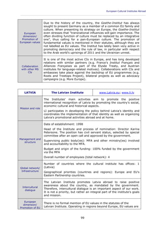 European Cultural Institutes Abroad
____________________________________________________________________________________________
99
European
dimension/
Promotion of
European values
Due to the history of the country, the Goethe-Institut has always
sought to present Germany as a member of a common EU family and
culture. When presenting its strategy on Europe, the Goethe-Institut
even stresses that “transnational influences will gain importance. The
often dividing function of culture must be replaced by an integrative
one”, thus calling for a pan-European culture. The promotion of
fundamental values is mentioned in their statutes, although they are
not labelled as EU values. The Institut has lately been very active in
promoting democracy and the rule of law, in particular with respect
to the Arab world's uprisings of 2011 and the Ukrainian unrest.
Collaboration
with other MS
CIs
It is one of the most active CIs in Europe, and has long developed
relations with similar partners (e.g. France's Institut Français and
Alliances Françaises as part of the Elysée Treaty, and Austrian
institutes for language-related motives). Collaborations with CIs and
embassies take place against the backdrop of EU programmes (e.g.
Roots and Treetops Project), bilateral projects as well as advocacy
campaigns (e.g. More Europe).
LATVIA The Latvian Institute www.Latvia.eu; www.li.lv
Mission and role
The Institutes' main activities aim to promote the positive
international recognition of Latvia by promoting the country's social,
economic cultural and historical aspects.
LI participates in developing the policy behind Latvia's identity and
coordinates the implementation of that identity as well as organizing
Latvia's promotional activities abroad and at home.
Management and
structure
Date of establishment: 1998
Head of the Institute and process of nomination: Director Karina
Petersone. The position has civil servant status, selected by special
committee after an open call and approved by the government.
Supervising public body(ies): MFA and other ministry(ies) involved
and accountability to the MFA.
Budget and origin of the funding: 100% funded by the government
via the MFA
Overall number of employees (total network): 4
Global network/
Infrastructure
Number of countries where the cultural institute has offices: 1
(Latvia)
Geographical priorities (countries and regions): Europe and EU's
Eastern Partnership countries.
Intercultural
dialogue
The Latvian Institute promotes Latvia abroad to raise positive
awareness about the country, as mandated by the government.
Therefore, intercultural dialogue is an important aspect of our work.
It is not a priority, but rather an integral part of the institute's goals
and mission.
European
dimension/
Promotion of EU
There is no formal mention of EU values in the statutes of the
Latvian Institute. Operating in regions beyond Europe, EU values are
 