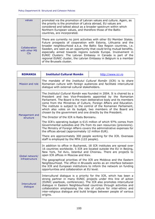 Policy Department B: Structural and Cohesion Policies
____________________________________________________________________________________________
100
values promoted via the promotion of Latvian values and culture. Again, as
the priority is the promotion of Latvia abroad, EU values are
considered and talked about as a broader spectrum within which
Northern European values, and therefore those of the Baltic
countries, are incorporated.
Collaboration
with other MS
CIs
There are currently no joint activities with other EU Member States.
Future prospects of cooperation with Estonia, Lithuania and the
broader neighbourhood a.k.a. the Baltic Sea Region countries, i.e.
Sweden, are seen as an opportunity that could bring mutual benefits,
especially aimed towards regions outside Europe. Involvement in
EUNIC Clusters: The Latvian Embassy in Canada is part of the
regional EUNIC cluster, the Latvian Embassy in Belgium is a member
of the Brussels cluster.
ROMANIA Institutul Cultural Român http://www.icr.ro
Mission and role
The mandate of the Institutul Cultural Român (ICR) is to share
Romanian culture with foreign audiences and facilitate intercultural
dialogue with external cultural stakeholders.
Management and
structure
The Institutul Cultural Român was founded in 2004. It is chaired by a
President and two Vice-Presidents appointed by the Romanian
Parliament. The Board is the main deliberative body and its members
come from the Ministries of Culture, Foreign Affairs and Education.
The institute is subject to the control of the Romanian Parliament,
which also votes on its budget, two members of the Board are
chosen by the government and one directly by the President.
The Director of the ICR is Radu Boroianu.
The ICR's operating budget is €15 million of which 97% comes from
Governmental subsidies and 3% from its own resources (previsions).
The Ministry of Foreign Affairs covers the administrative expenses for
the offices abroad (approximately 12 million EUR).
There are approximately 300 people working for the ICR. Overseas
staff is employed by the MFA (122 people).
Global network/
Infrastructure
In addition to office in Bucharest, 18 ICR institutes are spread over
16 countries worldwide. 5 ICR are located outside the EU in Beijing,
New York, Tel Aviv, Istanbul and Chisinau. There are projects to
open ICR offices in Moscow and Kiev.
The geographical priorities of the ICR are Moldova and the Eastern
Neighbourhood. The office in Brussels works as an interface between
the ICR and European institutions to inform the network on funding
opportunities and collaboration at EU level.
Intercultural
dialogue
Intercultural dialogue is a priority for the ICR, which has been a
strong partner in many EUNIC projects under this line of action
(EUNIC yearbook, conferences). The ICR also promotes intercultural
dialogue in Eastern Neighbourhood countries through activities and
collaboration emphasising the role of culture for inter-ethnic and
inter-religious dialogue and build bridges between people of various
origins.
 