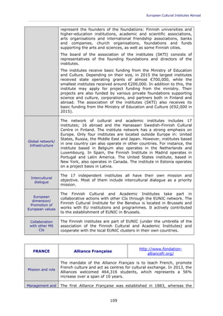 European Cultural Institutes Abroad
____________________________________________________________________________________________
109
represent the founders of the foundations: Finnish universities and
higher-education institutions, academic and scientific associations,
arts organisations and international friendship associations, banks
and companies, church organisations, foundations and funds
supporting the arts and sciences, as well as some Finnish cities.
The board of the association of the institutes (SKTI) consists of
representatives of the founding foundations and directors of the
institutes.
The institutes receive basic funding from the Ministry of Education
and Culture. Depending on their size, in 2015 the largest institutes
received state operating grants of almost €700,000, while the
smallest institutes received around €200,000. In addition to this, the
institute may apply for project funding from the ministry. Their
projects are also funded by various private foundations supporting
science and culture, corporations, and partners both in Finland and
abroad. The association of the institutes (SKTI) also receives its
basic funding from the Ministry of Education and Culture (€92,000 in
2015).
Global network/
Infrastructure
The network of cultural and academic institutes includes 17
institutes; 16 abroad and the Hanasaari Swedish-Finnish Cultural
Centre in Finland. The institute network has a strong emphasis on
Europe. Only four institutes are located outside Europe in: United
States, Russia, the Middle East and Japan. However, institutes based
in one country can also operate in other countries. For instance, the
institute based in Belgium also operates in the Netherlands and
Luxembourg. In Spain, the Finnish Institute in Madrid operates in
Portugal and Latin America. The United States institute, based in
New York, also operates in Canada. The institute in Estonia operates
on a project basis in Latvia.
Intercultural
dialogue
The 17 independent institutes all have their own mission and
objective. Most of them include intercultural dialogue as a priority
mission.
European
dimension/
Promotion of
European values
The Finnish Cultural and Academic Institutes take part in
collaborative actions with other CIs through the EUNIC network. The
Finnish Cultural Institute for the Benelux is located in Brussels and
works with EU institutions and programmes. It actively contributed
to the establishment of EUNIC in Brussels.
Collaboration
with other MS
CIs
The Finnish institutes are part of EUNIC (under the umbrella of the
association of the Finnish Cultural and Academic Institutes) and
cooperate with the local EUNIC clusters in their own countries.
FRANCE Alliance Française
http://www.fondation-
alliancefr.org/
Mission and role
The mandate of the Alliance Français is to teach French, promote
French culture and act as centres for cultural exchange. In 2013, the
Alliances welcomed 464,316 students, which represents a 56%
increase over a span of 10 years.
Management and The first Alliance Française was established in 1883, whereas the
 