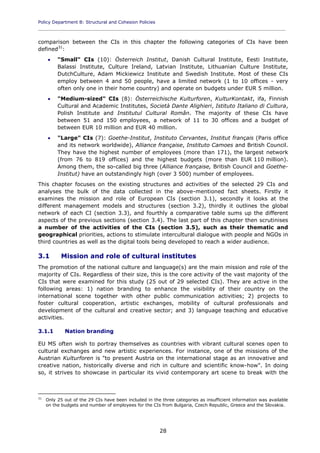 Policy Department B: Structural and Cohesion Policies
____________________________________________________________________________________________
28
comparison between the CIs in this chapter the following categories of CIs have been
defined31
:
 "Small" CIs (10): Österreich Institut, Danish Cultural Institute, Eesti Institute,
Balassi Institute, Culture Ireland, Latvian Institute, Lithuanian Culture Institute,
DutchCulture, Adam Mickiewicz Institute and Swedish Institute. Most of these CIs
employ between 4 and 50 people, have a limited network (1 to 10 offices - very
often only one in their home country) and operate on budgets under EUR 5 million.
 "Medium-sized" CIs (8): Österreichische Kulturforen, KulturKontakt, ifa, Finnish
Cultural and Academic Institutes, Società Dante Alighieri, Istituto Italiano di Cultura,
Polish Institute and Institutul Cultural Român. The majority of these CIs have
between 51 and 150 employees, a network of 11 to 30 offices and a budget of
between EUR 10 million and EUR 40 million.
 "Large" CIs (7): Goethe-Institut, Instituto Cervantes, Institut français (Paris office
and its network worldwide), Alliance française, Instituto Camoes and British Council.
They have the highest number of employees (more than 171), the largest network
(from 76 to 819 offices) and the highest budgets (more than EUR 110 million).
Among them, the so-called big three (Alliance française, British Council and Goethe-
Institut) have an outstandingly high (over 3 500) number of employees.
This chapter focuses on the existing structures and activities of the selected 29 CIs and
analyses the bulk of the data collected in the above-mentioned fact sheets. Firstly it
examines the mission and role of European CIs (section 3.1), secondly it looks at the
different management models and structures (section 3.2), thirdly it outlines the global
network of each CI (section 3.3), and fourthly a comparative table sums up the different
aspects of the previous sections (section 3.4). The last part of this chapter then scrutinises
a number of the activities of the CIs (section 3.5), such as their thematic and
geographical priorities, actions to stimulate intercultural dialogue with people and NGOs in
third countries as well as the digital tools being developed to reach a wider audience.
3.1 Mission and role of cultural institutes
The promotion of the national culture and language(s) are the main mission and role of the
majority of CIs. Regardless of their size, this is the core activity of the vast majority of the
CIs that were examined for this study (25 out of 29 selected CIs). They are active in the
following areas: 1) nation branding to enhance the visibility of their country on the
international scene together with other public communication activities; 2) projects to
foster cultural cooperation, artistic exchanges, mobility of cultural professionals and
development of the cultural and creative sector; and 3) language teaching and educative
activities.
3.1.1 Nation branding
EU MS often wish to portray themselves as countries with vibrant cultural scenes open to
cultural exchanges and new artistic experiences. For instance, one of the missions of the
Austrian Kulturforen is "to present Austria on the international stage as an innovative and
creative nation, historically diverse and rich in culture and scientific know-how". In doing
so, it strives to showcase in particular its vivid contemporary art scene to break with the
31
Only 25 out of the 29 CIs have been included in the three categories as insufficient information was available
on the budgets and number of employees for the CIs from Bulgaria, Czech Republic, Greece and the Slovakia.
 