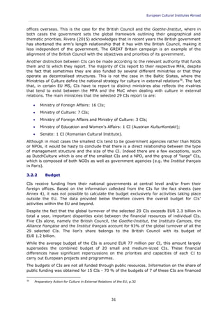 European Cultural Institutes Abroad
____________________________________________________________________________________________
31
offices overseas. This is the case for the British Council and the Goethe-Institut, where in
both cases the government sets the global framework outlining their geographical and
thematic priorities. Rivera (2015) acknowledges that in recent years the British government
has shortened the arm's length relationship that it has with the British Council, making it
less independent of the government. The GREAT Britain campaign is an example of the
alignment of the British Council with the objectives and priorities of its government.
Another distinction between CIs can be made according to the relevant authority that funds
them and to which they report. The majority of CIs report to their respective MFA, despite
the fact that sometimes they are also funded by several different ministries or that they
operate as decentralised structures. This is not the case in the Baltic States, where the
Ministries of Culture define the national strategy for culture in external relations36
. The fact
that, in certain EU MS, CIs have to report to distinct ministries also reflects the rivalries
that tend to exist between the MFA and the MoC when dealing with culture in external
relations. The main ministries that the selected 29 CIs report to are:
 Ministry of Foreign Affairs: 16 CIs;
 Ministry of Culture: 7 CIs;
 Ministry of Foreign Affairs and Ministry of Culture: 3 CIs;
 Ministry of Education and Women's Affairs: 1 CI (Austrian KulturKontakt);
 Senate: 1 CI (Romanian Cultural Institute).
Although in most cases the smallest CIs tend to be government agencies rather than NGOs
or NPOs, it would be hasty to conclude that there is a direct relationship between the type
of management structure and the size of the CI. Indeed there are a few exceptions, such
as DutchCulture which is one of the smallest CIs and a NPO, and the group of "large" CIs,
which is composed of both NGOs as well as government agencies (e.g. the Institut français
in Paris).
3.2.2 Budget
CIs receive funding from their national governments at central level and/or from their
foreign offices. Based on the information collected from the CIs for the fact sheets (see
Annex 4), it was not possible to calculate the budget exclusively for activities taking place
outside the EU. The data provided below therefore covers the overall budget for CIs'
activities within the EU and beyond.
Despite the fact that the global turnover of the selected 29 CIs exceeds EUR 2.3 billion in
total a year, important disparities exist between the financial resources of individual CIs.
Five CIs alone, namely the British Council, the Goethe-Institut, the Instituto Camoes, the
Alliance française and the Institut français account for 93% of the global turnover of all the
29 selected CIs. The lion's share belongs to the British Council with its budget of
EUR 1.2 billion.
While the average budget of the CIs is around EUR 77 million per CI, this amount largely
supersedes the combined budget of 20 small and medium-sized CIs. These financial
differences have significant repercussions on the priorities and capacities of each CI to
carry out European projects and programmes.
The budgets of CIs are not all funded through public resources. Information on the share of
public funding was obtained for 15 CIs - 70 % of the budgets of 7 of these CIs are financed
36
Preparatory Action for Culture in External Relations of the EU, p.32
 