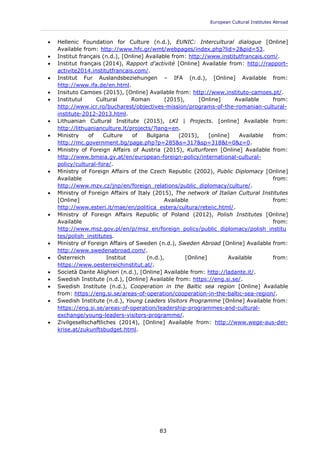 European Cultural Institutes Abroad
____________________________________________________________________________________________
83
 Hellenic Foundation for Culture (n.d.), EUNIC: Intercultural dialogue [Online]
Available from: http://www.hfc.gr/wmt/webpages/index.php?lid=2&pid=53.
 Institut français (n.d.), [Online] Available from: http://www.institutfrancais.com/.
 Institut français (2014), Rapport d'activité [Online] Available from: http://rapport-
activite2014.institutfrancais.com/.
 Institut Fur Auslandsbeziehungen – IFA (n.d.), [Online] Available from:
http://www.ifa.de/en.html.
 Insituto Camoes (2015), [Online] Available from: http://www.instituto-camoes.pt/.
 Institutul Cultural Roman (2015), [Online] Available from:
http://www.icr.ro/bucharest/objectives-mission/programs-of-the-romanian-cultural-
institute-2012-2013.html.
 Lithuanian Cultural Institute (2015), LKI | Projects. [online] Available from:
http://lithuanianculture.lt/projects/?lang=en.
 Ministry of Culture of Bulgaria (2015), [online] Available from:
http://mc.government.bg/page.php?p=285&s=317&sp=318&t=0&z=0.
 Ministry of Foreign Affairs of Austria (2015), Kulturforen [Online] Available from:
http://www.bmeia.gv.at/en/european-foreign-policy/international-cultural-
policy/cultural-fora/.
 Ministry of Foreign Affairs of the Czech Republic (2002), Public Diplomacy [Online]
Available from:
http://www.mzv.cz/jnp/en/foreign_relations/public_diplomacy/culture/.
 Ministry of Foreign Affairs of Italy (2015), The network of Italian Cultural Institutes
[Online] Available from:
http://www.esteri.it/mae/en/politica_estera/cultura/reteiic.html/.
 Ministry of Foreign Affairs Republic of Poland (2012), Polish Institutes [Online]
Available from:
http://www.msz.gov.pl/en/p/msz_en/foreign_policy/public_diplomacy/polish_institu
tes/polish_institutes.
 Ministry of Foreign Affairs of Sweden (n.d.), Sweden Abroad [Online] Available from:
http://www.swedenabroad.com/.
 Österreich Institut (n.d.), [Online] Available from:
https://www.oesterreichinstitut.at/.
 Società Dante Alighieri (n.d.), [Online] Available from: http://ladante.it/.
 Swedish Institute (n.d.), [Online] Available from: https://eng.si.se/.
 Swedish Institute (n.d.), Cooperation in the Baltic sea region [Online] Available
from: https://eng.si.se/areas-of-operation/cooperation-in-the-baltic-sea-region/.
 Swedish Institute (n.d.), Young Leaders Visitors Programme [Online] Available from:
https://eng.si.se/areas-of-operation/leadership-programmes-and-cultural-
exchange/young-leaders-visitors-programme/.
 Zivilgesellschaftliches (2014), [Online] Available from: http://www.wege-aus-der-
krise.at/zukunftsbudget.html.
 