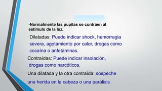 Dilatadas: Puede indicar shock, hemorragia
severa, agotamiento por calor, drogas como
cocaína o anfetaminas.
Contraídas: Puede indicar insolación,
drogas como narcóticos.
-Normalmente las pupilas se contraen al
estímulo de la luz.
Una dilatada y la otra contraída: sospeche
una herida en la cabeza o una parálisis
 