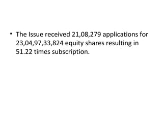 • The Issue received 21,08,279 applications for
23,04,97,33,824 equity shares resulting in
51.22 times subscription.
 