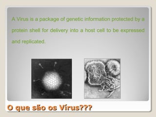 A Virus is a package of genetic information protected by a

 protein shell for delivery into a host cell to be expressed

 and replicated.




O que são os Vírus???
 