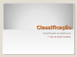 Classificação
  Classificação de Baltimore
         tipo de ácido nucléico
 
