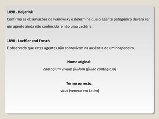 1898 - Beijerink
Confirma as observações de Ivanowsky e determina que o agente patogénico deverá ser
um agente ainda não conhecido e não uma bactéria.


1898 - Loeffler and Frosch
É observado que estes agentes não sobrevivem na ausência de um hospedeiro.


                                    Nome original:
                      contagium vivium fluidum (fluido contagioso)


                                   Termo correcto:
                                virus (veneno em Latim)
 