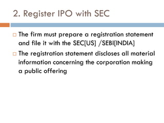 2. Register IPO with SEC
 The firm must prepare a registration statement
and file it with the SEC[US] /SEBI[INDIA]
 The registration statement discloses all material
information concerning the corporation making
a public offering
 
