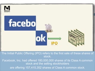 The Initial Public Offering (IPO) refers to the first sale of these shares of
stock.
Facebook, Inc. had offered 180,000,000 shares of its Class A common
stock and the selling stockholders
are offering 157,415,352 shares of Class A common stock.
 