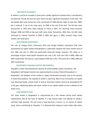 INSTABILITY IN MARKET
A market is said to be unstable if stock prices exhibit significant variation that is considered to
be abnormal. During the past ten years there has been significant fluctuation in the index. The
day-double-digit jump during the early second part of 1996 took the index to more than 3600,
but it reduced, if not at the same pace, to 2300 at the end of the year. The fall was more
pronounced in 1997 when index reduced to 756.8 in 1997. The declining trend continues
through 1998 and 1999 at low pace with some minor fluctuations. After then, the DSE index
continued to improve overtime to 2960 in 2009. But again, in 2010, country’s major stock
market crash took place.
LOW FOREIGN INVESTMENT
The role of Foreign Direct Investment (FDI) and Foreign Portfolio Investment (FPI) inthe
development of capital market of Bangladesh is undeniable. However the share market crash of
late 1996 and also in 2010 had particularly distanced foreign investors. FDI inflow as a
percentage of gross fixed capital formation was only 5.2%, 4.5% and 3.4% in 2005, 2006 and
2007 respectively. FDI stock as a percentage of GDP was 4.7%, 7.9% and 6.1% in 1990, 2000 and
2007 respectively.
INSUFFICIENT TRADABLE CAPITAL INSTRUMENTS
Illiquidity is rather intensified by the absence of varied tradable capital instruments. The
Bangladeshi and foreign investors are experiencing the scarcity of diversified products in
Bangladesh. The platform of this market is supply and demand mismatch. Due to the absence
of diversified products, the liquidity of market is declining. Most of our instruments are equity
now. Municipal bonds, mutual funds as well as derivative markets need to be developed to fill
in the gap. Introducing option and future market to our capital market can be a solution to the
above issue.
LOW LIQUIDITY LEVEL
The stock market in Bangladesh is characterized by a thin market having small market
capitalization ratio & low level of liquidity. If a big investor takes any attempt at selling a
relatively large quantity, this will cause a large decrease in prices, i.e. an erosion of capital
value, hence contributing to illiquidity. It is observed that trading on some stocks takes place
 
