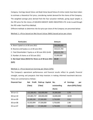 Company. Earnings-based Value and Book Value-based Value of similar stocks have been taken
to estimate a theoretical fair price, considering market demand for the shares of the Company.
The weighted average price derived from the four valuation methods, giving equal weight, is
the IPO price for the shares of GOLDEN HARVEST AGRO-INDUSTRIES LTD. to be issued through
the IPO under Fixed Price Method.
Different methods to determine the fair price per share of the Company are presented below-
Method 1 –Price based on Net Asset Value (NAV) based price per share
Particulars Amount
A. Share Capital as at 30 June 2011 350,000,000
B. Reserve and Surplus as at 30 June 2011 543,615,769
C. Total Shareholders' Equity as at 30 June 2011 (A+B) 893,615,769
D. Number of shares as of 30 June 2011 35,000,000
E. Net Asset Value (NAV) Per Share as of 30 June 2011
(D/E)
25.53
Method 2 –Price based on Earning per Share (EPS)
The Company’s operational performances and financial results reflect its growth, financial
strength, earning and prospects that help investors in making informed investment decision.
These are summarized as follows:
Financial Year Net Profit
(Taka)
Paid-up Capital
(Taka)
No. of
outstanding
shares
Earnings per
share (EPS) (Taka)
30-Jun-11 132,269,451 350,000,000 35,000,000 3.78
30-Jun-10 105,885,737 100,000,000 10,000,000 10.59
30-Jun-09 13,169,104 37,500,000 3,750,000 3.51
30-Jun-08 10,502,894 37,500,000 3,750,000 2.80
30-Jun-07 -602,331 37,500,000 3,750,000 -0.16
 