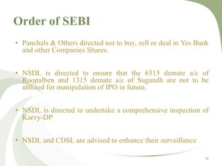 Order of SEBI 
• Panchals & Others directed not to buy, sell or deal in Yes Bank 
and other Companies Shares. 
• NSDL is directed to ensure that the 6315 demate a/c of 
Roopalben and 1315 demate a/c of Sugandh are not to be 
utilized for manipulation of IPO in future. 
• NSDL is directed to undertake a comprehensive inspection of 
Karvy-DP 
• NSDL and CDSL are advised to enhance their surveillance 
16 
 