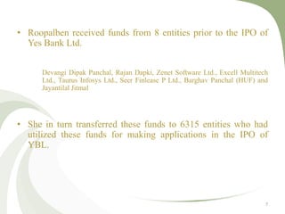 • Roopalben received funds from 8 entities prior to the IPO of 
Yes Bank Ltd. 
Devangi Dipak Panchal, Rajan Dapki, Zenet Software Ltd., Excell Multitech 
Ltd., Taurus Infosys Ltd., Seer Finlease P Ltd., Barghav Panchal (HUF) and 
Jayantilal Jitmal 
• She in turn transferred these funds to 6315 entities who had 
utilized these funds for making applications in the IPO of 
YBL. 
7 
 