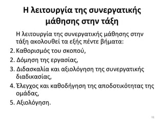 Η λειτουργία της συνεργατικής μάθησης στην τάξη Η λειτουργία της συνεργατικής μάθησης στην τάξη ακολουθεί τα εξής πέντε βήματα:  Καθορισμός του σκοπού,  2. Δόμηση της εργασίας,  3. Διδασκαλία και αξιολόγηση της συνεργατικής διαδικασίας,  4. Έλεγχος και καθοδήγηση της αποδοτικότητας της ομάδας,  5. Αξιολόγηση. 