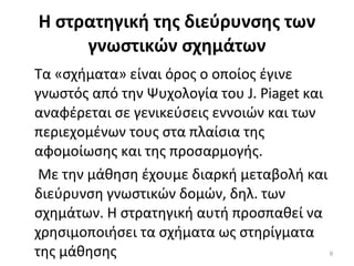 Η στρατηγική της διεύρυνσης των γνωστικών σχημάτων Τα «σχήματα» είναι όρος ο οποίος έγινε γνωστός από την Ψυχολογία του J. Piaget και αναφέρεται σε γενικεύσεις εννοιών και των περιεχομένων τους στα πλαίσια της αφομοίωσης και της προσαρμογής.   Με την μάθηση έχουμε διαρκή μεταβολή και διεύρυνση γνωστικών δομών, δηλ. των σχημάτων. Η στρατηγική αυτή προσπαθεί να χρησιμοποιήσει τα σχήματα ως στηρίγματα της μάθησης 