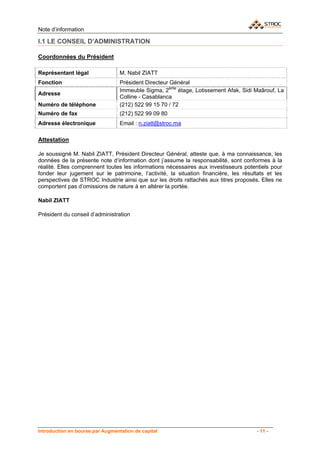 Note d’information

I.1 LE CONSEIL D’ADMINISTRATION

Coordonnées du Président

Représentant légal                M. Nabil ZIATT
Fonction                          Président Directeur Général
                                  Immeuble Sigma, 2ème étage, Lotissement Afak, Sidi Maârouf, La
Adresse
                                  Colline - Casablanca
Numéro de téléphone               (212) 522 99 15 70 / 72
Numéro de fax                     (212) 522 99 09 80
Adresse électronique              Email : n.ziatt@stroc.ma

Attestation

Je soussigné M. Nabil ZIATT, Président Directeur Général, atteste que, à ma connaissance, les
données de la présente note d’information dont j’assume la responsabilité, sont conformes à la
réalité. Elles comprennent toutes les informations nécessaires aux investisseurs potentiels pour
fonder leur jugement sur le patrimoine, l’activité, la situation financière, les résultats et les
perspectives de STROC Industrie ainsi que sur les droits rattachés aux titres proposés. Elles ne
comportent pas d’omissions de nature à en altérer la portée.

Nabil ZIATT

Président du conseil d’administration




Introduction en bourse par Augmentation de capital                                    - 11 -
 