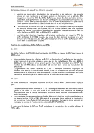 Note d’information

Le tableau ci-dessus fait ressortir les éléments suivants :

        L’activité de construction d’installation de manutention et de traitement de produits
        solides en vrac représente la principale activité de l’entreprise sur la période. Elle
        accapare en moyenne 46% du chiffre d’affaires au cours des trois dernières années.
        Cependant, cette performance est due en grande partie aux réalisations enregistrées au
        cours de l’année 2009 où elle représentait 67% du chiffre d’affaires total. Sa part dans le
        chiffre d’affaires des années 2008 et 2010 est de 23% à 38% respectivement.
        La construction d’unité de stockage et de traitement de produits liquides et gazeux vient
        en seconde position avec en moyenne 28% du chiffre d’affaires des trois dernières
        années. La part de ce domaine d’activité est en fluctuation puisqu’il représente 54% du
        chiffre d’affaires en 2008, 14% en 2009 et 27% en 2010 ;
        Les bâtiments industriels, logistiques et tertiaires représentent en moyenne 27% du
        chiffre d’affaires de STROC Industrie au cours des trois derniers exercices avec une
        évolution en dents de scies. En effet, elle représentait 23% du chiffre d’affaires en 2008,
        contre 18% en 2009 et 35% en 2010.

Analyse des variations du chiffre d’affaires par DAS :

En 2009

Le chiffre d’affaires de STROC Industrie s’établit à 402,7 Mdh, en hausse de 81,8% par rapport à
2008 suite à :

-   L’augmentation des ventes relatives au D.A.S : « Construction d’installation de Manutention
    et de traitement de produits solides en vrac», qui ont été multipliées de 4,3x entre 2008 et
    2009 suite à la réalisation d’une grande partie d’un marché important avec l’OCP d’un
    montant de 380 Mdh (étude et réalisation clé en main d’un circuit de manutention de
    phosphate) ;
-   L’augmentation des ventes relatives au D.A.S « Bâtiments industriels, logistiques et
    tertiaires » de 43,53% durant la même période, suite à la réalisation clé en main du centre
    international de tri de Nouacer pour le compte de La Poste du Maroc, l’achèvement de l’usine
    Faurecia et au démarrage de la construction clé en main de l’usine tube et profil.

En 2010

Le chiffre d’affaires de l’entreprise augmente de 14,9% à 462,6 MDh. Cette hausse s’explique
par :

-   l’augmentation des ventes relatives au D.A.S « stockage et traitement des produits liquides et
    gazeux » de 111% à 123 Mdh suite à la construction d’un réservoir de stockage
    d’hydrocarbure pour le compte de Petromin, anisi que divers marchés principalement avec
    Maroc Phosphore.
-   L’augmentation des ventes relatives au DAS « Bâtiments industriels, logistiques et tertiaires »
    qui augmentent de 118% à 162,3 MDh suite à la facturation d’une partie de la construction
    clé en main de l’usine Tube et Profil, ainsi que la réalisation d’une partie d’une usine clé en
    main pour le compte de l’équipementier automobile SNOP (42 Mdh).

A noter aussi la baisse de 34% du D.A.S « stockage et manutention des produits solides » à
177,3 MDh.




Introduction en bourse par Augmentation de capital                                      - 145 -
 