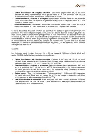Note d’information


-    Dettes fournisseurs et comptes rattachés : ces dettes (représentant 61,1% du passif
     circulant en 2009) augmentent de 98,2% pour s’établir à 176 Mdh contre 89 Mdh en 2008
     du fait de l’accroissement du carnet de commandes en 2009 ;
-    Clients créditeurs, avances et acomptes : constituées d’avances clients sur les projets en
     cours ou qui débutent, ces avances augmentent de 86,8% en 2009 pour s’établir à 73 Mdh
     contre 39 Mdh en 2008 ;
-   Dettes envers l’Etat : ces dettes s’établissent à 32 Mdh en 2009 contre 15 Mdh en 2008 et
    sont constituées de la TVA à payer et de la provision pour l’impôt sur les sociétés.

Le reste des dettes du passif circulant est constitué des dettes du personnel (provision pour
primes de fin d’année et pour congés payés, ainsi que salaire du mois en cours payé le 5 du
mois suivant, cette situation affecte principalement le bilan relativement aux salaires du mois de
décembre qui ne sont payés respectivement qu’en janvier de l’exercice suivant et sont donc
comptabilisés en tant que dettes du personnel), organismes sociaux (CNSS, Caisses de retraite
et remboursement de frais médicaux), comptes de régularisation - passif ainsi que d’autres
créanciers. La totalité de ces dettes représente en moyenne 3,4% des dettes du passif circulant
sur la période 2008-2010.

En 2010 :

Les dettes du passif circulant diminuent de 14,8% par rapport à 2009 pour s’établir à 246 Mdh
contre 289 Mdh du fait de l’augmentation conjuguée des :

-   Dettes fournisseurs et comptes rattachés s’élèvent à 147 Mdh soit 59,8% du passif
    circulant. Elles baissent de 16,5% par rapport à 2009 en raison de la diminution du délai de
    règlement fournisseurs (129 jours contre 139 jours en 2009).
-   Clients créditeurs, avances et acomptes : Les avances des clients s’établissent à 63 Mdh
    en 2010 en baisse de 13,3% par rapport à 2009. Ils représentent 25,6% du total des dettes
    du passif circulant du fait de la composition du portefeuille client (chantiers en cours,
    nombre réduit des commandes en phase de début).
-   Dettes envers l’Etat : Les dettes envers l’Etat représentent 21,5 Mdh soit 8,7% des dettes
    du passif circulant. Elles sont en baisse de 32,1% par rapport à l’exercice précédent
    principalement lié à la récupération du crédit de TVA.
-   Les dettes envers le personnel : Elles atteignent 11,9 Mdh contre 5,8 Mdh en 2009 soit
    une augmentation de plus de 100%. Cette augmentation s’explique principalement par
    l’augmentation de la masse salariale.




Introduction en bourse par Augmentation de capital                                      - 186 -
 