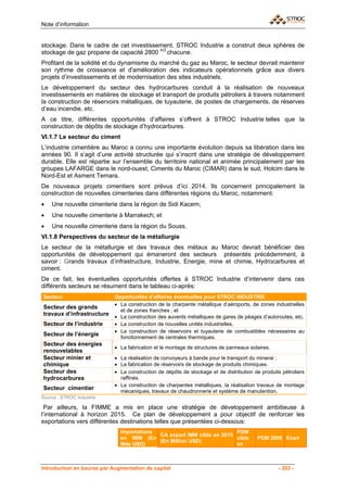 Note d’information


stockage. Dans le cadre de cet investissement, STROC Industrie a construit deux sphères de
stockage de gaz propane de capacité 2800 m3 chacune.
Profitant de la solidité et du dynamisme du marché du gaz au Maroc, le secteur devrait maintenir
son rythme de croissance et d'amélioration des indicateurs opérationnels grâce aux divers
projets d’investissements et de modernisation des sites industriels.
Le développement du secteur des hydrocarbures conduit à la réalisation de nouveaux
investissements en matières de stockage et transport de produits pétroliers à travers notamment
la construction de réservoirs métalliques, de tuyauterie, de postes de chargements, de réserves
d’eau incendie, etc.
A ce titre, différentes opportunités d’affaires s’offrent à STROC Industrie telles que la
construction de dépôts de stockage d’hydrocarbures.
VI.1.7 Le secteur du ciment
L’industrie cimentière au Maroc a connu une importante évolution depuis sa libération dans les
années 90. Il s’agit d’une activité structurée qui s’inscrit dans une stratégie de développement
durable. Elle est répartie sur l’ensemble du territoire national et animée principalement par les
groupes LAFARGE dans le nord-ouest, Ciments du Maroc (CIMAR) dans le sud, Holcim dans le
Nord-Est et Asment Temara.
De nouveaux projets cimentiers sont prévus d’ici 2014. Ils concernent principalement la
construction de nouvelles cimenteries dans différentes régions du Maroc, notamment:
•   Une nouvelle cimenterie dans la région de Sidi Kacem;
•   Une nouvelle cimenterie à Marrakech; et
•   Une nouvelle cimenterie dans la région du Souss.
VI.1.8 Perspectives du secteur de la métallurgie
Le secteur de la métallurgie et des travaux des métaux au Maroc devrait bénéficier des
opportunités de développement qui émaneront des secteurs présentés précédemment, à
savoir : Grands travaux d’infrastructure, Industrie, Energie, mine et chimie, Hydrocarbures et
ciment.
De ce fait, les éventuelles opportunités offertes à STROC Industrie d’intervenir dans ces
différents secteurs se résument dans le tableau ci-après:
Secteur                     Opportunités d’affaires éventuelles pour STROC INDUSTRIE
                            • La construction de la charpente métallique d’aéroports, de zones industrielles
Secteur des grands
                              et de zones franches ; et
travaux d’infrastructure    • La construction des auvents métalliques de gares de péages d’autoroutes, etc.
Secteur de l’industrie      • La construction de nouvelles unités industrielles.
                            • La construction de réservoirs et tuyauterie de combustibles nécessaires au
Secteur de l’énergie
                              fonctionnement de centrales thermiques.
Secteur des énergies
                            • La fabrication et le montage de structures de panneaux solaires.
renouvelables
Secteur minier et           • La réalisation de convoyeurs à bande pour le transport du minerai ;
chimique                    • La fabrication de réservoirs de stockage de produits chimiques.
Secteur des                 • La construction de dépôts de stockage et de distribution de produits pétroliers
hydrocarbures                 raffinés.
                            • La construction de charpentes métalliques, la réalisation travaux de montage
Secteur cimentier
                              mécaniques, travaux de chaudronnerie et système de manutention.
Source : STROC Industrie

 Par ailleurs, la FIMME a mis en place une stratégie de développement ambitieuse à
l’international à horizon 2015. Ce plan de développement a pour objectif de renforcer les
exportations vers différentes destinations telles que présentées ci-dessous:
                              Importations                             PDM
                                           CA export IMM cible en 2015
                              en IMM (En                               cible            PDM 2008 Ecart
                                           (En Million USD)
                              Mds USD)                                 en



Introduction en bourse par Augmentation de capital                                               - 203 -
 