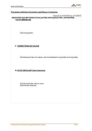 Note d’information


Principales méthodes d’évaluation spécifiques à l’entreprise

                                           Exercice du 01/01/2010 au 31/12/2010
 INDICATION DES METHODES D’EVALUATION APPLIQUEES PAR L’ENTREPRISE
     I. ACTIF IMMOBILISE




             Coût d’acquisition




      II. CORRECTIONS DE VALEUR




             Amortissement des non valeurs, des immobilisations corporelles et incorporelles




      III. ACTIF CIRCULANT (Hors trésorerie)




             Coût de production des en cours
             Nominal des créances




Introduction en bourse par Augmentation de capital                                    - 253 -
 