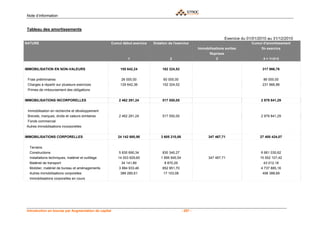 Note d’information


 Tableau des amortissements

                                                                                                                            Exercice du 01/01/2010 au 31/12/2010
NATURE                                                Cumul début exercice   Dotation de l'exercice                                       Cumul d'amortissement
                                                                                                          Immobilisations sorties              fin exercice
                                                                                                                 Reprises
                                                               1                       2                            3                           4 = 1+2+3


IMMOBILISATION EN NON-VALEURS                              155 642,24             162 324,52                                                   317 966,76


 Frais préliminaires                                       26 000,00               60 000,00                                                    86 000,00
 Charges à répartir sur plusieurs exercices                129 642,36             102 324,52                                                    231 966,88
 Primes de rmboursement des obligations


IMMOBILISATIONS INCORPORELLES                             2 462 291,24            517 550,05                                                   2 979 841,29


 Immobilisation en recherche et développement
 Brevets, marques, droits et valeurs similaires           2 462 291,24            517 550,05                                                   2 979 841,29
 Fonds commercial
Autres immobilisations incorporelles


IMMOBILISATIONS CORPORELLES                              24 142 680,90           3 605 210,88                   347 467,71                    27 400 424,07


  Terrains
  Constructions                                           5 830 690,34            830 340,27                                                   6 661 030,62
  Installations techniques, matériel et outillage        14 003 629,60           1 895 945,54                   347 467,71                    15 552 107,42
  Matériel de transport                                    34 141,89               8 870,29                                                     43 012,18
  Mobilier, matériel de bureau et aménagements            3 884 933,46            852 951,70                                                   4 737 885,16
  Autres immobilisations corporelles                       389 285,61              17 103,08                                                   406 388,69
  Immobilisations corporelles en cours




 Introduction en bourse par Augmentation de capital                                             - 257 -
 