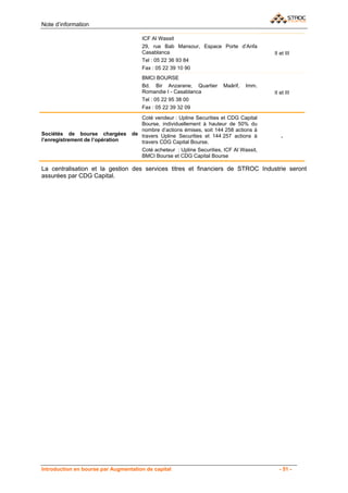 Note d’information

                                      ICF Al Wassit
                                      29, rue Bab Mansour, Espace Porte d’Anfa
                                      Casablanca                                         II et III
                                      Tel : 05 22 36 93 84
                                      Fax : 05 22 39 10 90
                                      BMCI BOURSE
                                      Bd. Bir Anzarane, Quartier       Maârif,   Imm.
                                      Romandie I - Casablanca                            II et III
                                      Tel : 05 22 95 38 00
                                      Fax : 05 22 39 32 09
                                     Coté vendeur : Upline Securities et CDG Capital
                                     Bourse, individuellement à hauteur de 50% du
                                     nombre d’actions émises, soit 144 258 actions à
Sociétés de bourse chargées       de travers Upline Securities et 144 257 actions à
                                                                                            -
l’enregistrement de l’opération      travers CDG Capital Bourse.
                                     Coté acheteur : Upline Securities, ICF Al Wassit,
                                     BMCI Bourse et CDG Capital Bourse

La centralisation et la gestion des services titres et financiers de STROC Industrie seront
assurées par CDG Capital.




Introduction en bourse par Augmentation de capital                                         - 51 -
 