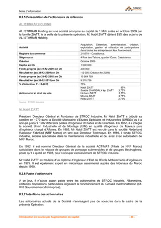 Note d’information

II.2.5 Présentation de l’actionnaire de référence

AL ISTIMRAR HOLDING

AL ISTIMRAR Holding est une société anonyme au capital de 1 Mdh créée en octobre 2009 par
la famille ZIATT. A la veille de la présente opération, M. Nabil ZIATT détient 85% des actions de
AL ISTIMRAR Holding.

                                                     Acquisition, Détention, administration, création,
Activité                                             exploitation, gestion et utilisation de participations
                                                     dans toutes les entreprises et leur financement.
Registre du commerce                                 210579 – Casablanca.
Siège social                                         4 Rue des Tabors, quartier Oasis, Casablanca.
Création                                             Octobre 2009
Capital en Dh                                        1 000 000
Fonds propres (au 31-12-2009) en Dh                  238 000
Résultat Net (au 31-12-2009) en Dh                   -12 000 (Création fin 2009)
Fonds propres (au 31-12-2010) en Dh                  10 564 759
Résultat Net (au 31-12-2010) en Dh                   9 576 759
% d’intérêt au 31-12-2010                            75%
                                                     Nabil ZIATT                         85%
                                                     Saadia CHAGDALY ép. ZIATT         3,75%
Actionnariat et droit de vote                        Hicham ZIATT                      3,75%
                                                     Mouna ZIATT                       3,75%
                                                     Réda ZIATT                        3,75%
Source : STROC Industrie


M. Nabil ZIATT

Président Directeur Général et Fondateur de STROC Industrie, Mr Nabil ZIATT a débuté sa
carrière en 1979 dans la Société Marocaine d’Etudes Spéciales et Industrielles (SMESI) où il a
occupé jusqu’à 1982 différents postes d’Ingénieur d’Etudes et de Chantiers. En 1982, il a intégré
la société Union Industrielle et de Montage (UIM) en qualité d’Ingénieur de Travaux puis
d’Ingénieur chargé d’Affaires. En 1985, Mr Nabil ZIATT est recruté dans la société Nederland
Radiateur Fabriked (NRF Maroc) en tant que Directeur Technique. En 1989, il fonde STROC
industrie, société spécialisée dans la maintenance industrielle et ce, avec avec autorisation de
NRF Maroc.

En 1992, il est nommé Directeur Général de la société ACTIMAT (Filiale de NRF Maroc)
spécialisée dans le négoce de groupes de pompage submersibles et de groupes électrogènes,
poste qu’il a quitté en 1993, pour s’occuper exclusivement de STROC Industrie.

Mr Nabil ZIATT est titulaire d’un diplôme d’Ingénieur d’Etat de l’Ecole Mohammedia d’Ingénieurs
en 1979. Il est également expert en mécanique assermenté auprès des tribunaux du Maroc
depuis 1990.

II.2.6 Pacte d’actionnaire

A ce jour, il n’existe aucun pacte entre les actionnaires de STROC Industrie. Néanmoins,
certaines dispositions particulières régissent le fonctionnement du Conseil d’Administration (Cf.
III.8 Gouvernement d’entreprise).

II.2.7 Intentions des actionnaires

Les actionnaires actuels de la Société n’envisagent pas de souscrire dans le cadre de la
présente Opération.



Introduction en bourse par Augmentation de capital                                               - 69 -
 