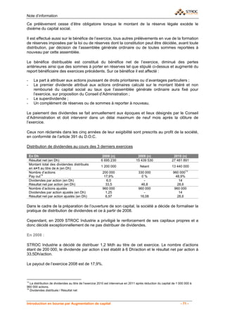 Note d’information

Ce prélèvement cesse d’être obligatoire lorsque le montant de la réserve légale excède le
dixième du capital social.

Il est effectué aussi sur le bénéfice de l’exercice, tous autres prélèvements en vue de la formation
de réserves imposées par la loi ou de réserves dont la constitution peut être décidée, avant toute
distribution, par décision de l’assemblée générale ordinaire ou de toutes sommes reportées à
nouveau par cette assemblée.

Le bénéfice distribuable est constitué du bénéfice net de l’exercice, diminué des pertes
antérieures ainsi que des sommes à porter en réserves tel que stipulé ci-dessus et augmenté du
report bénéficiaire des exercices précédents. Sur ce bénéfice il est affecté :

-      La part à attribuer aux actions jouissant de droits prioritaires ou d’avantages particuliers ;
-      Le premier dividende attribué aux actions ordinaires calculé sur le montant libéré et non
       remboursé du capital social au taux que l’assemblée générale ordinaire aura fixé pour
       l’exercice, sur proposition du Conseil d’Administration ;
-      Le superdividende ;
-      Un complément de réserves ou de sommes à reporter à nouveau.

Le paiement des dividendes se fait annuellement aux époques et lieux désignés par le Conseil
d’Administration et doit intervenir dans un délai maximum de neuf mois après la clôture de
l’exercice.

Ceux non réclamés dans les cinq années de leur exigibilité sont prescrits au profit de la société,
en conformité de l’article 391 du D.O.C.

Distribution de dividendes au cours des 3 derniers exercices

    En Dh                                                2008 (n)                  2009 (n)                    2010 (n)
    Résultat net (en Dh)                                6 695 230                 15 439 530                  27 481 891
    Montant total des dividendes distribués
                                                        1 200 000                    Néant                    13 440 000
    en n+1 au titre de n (en Dh)
    Nombre d’actions                                     200 000                    330 000                   960 00013
    Pay out14                                             17,9%                       0%                        48,9%
    Dividendes par action (en Dh)                          6,0                         -                          14
    Résultat net par action (en Dh)                        33,5                       46,8                       28,6
    Nombre d’actions ajustés                             960 000                    960 000                    960 000
    Dividendes par action ajustés (en Dh)                  1,25                        -                          14
    Résultat net par action ajustés (en Dh)                6,97                      16,08                       28,6

Dans le cadre de la préparation de l’ouverture de son capital, la société a décide de formaliser la
pratique de distribution de dividendes et ce à partir de 2008.

Cependant, en 2009 STROC Industrie a priviligié le renforcement de ses capitaux propres et a
donc décidé exceptionnellement de ne pas distribuer de dividendes.

En 2008 :

STROC Industrie a décidé de distribuer 1,2 Mdh au titre de cet exercice. Le nombre d’actions
étant de 200 000, le dividende par action s’est établit à 6 Dh/action et le résultat net par action à
33,5Dh/action.

Le payout de l’exercice 2008 est de 17,9%.



13
   La distribution de dividendes au titre de l’exercice 2010 est intervenue en 2011 après réduction du capital de 1 000 000 à
960 000 actions.
14
   Dividendes distribués / Résultat net



Introduction en bourse par Augmentation de capital                                                                  - 71 -
 