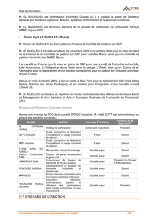 Note d’information

M. EL BAGHDADI est cofondateur d‘Avendis Groupe où il a occupé le poste de Directeur
Général des fonctions logistique, finance, systèmes d'information et ressources humaines.

M. EL BAGHDADI est Directeur Général de la société de distribution de carburants Afriquia
SMDC depuis 2005

-   Ronan Cyril LE GUELLEC (29 ans)

M. Ronan LE GUELLEC est Consultant en Finance et Contrôle de Gestion sur SAP.

M. LE GUELLEC a travaillé au Maroc de novembre 2006 à novembre 2008 pour la mise en place
de la Finance et du Contrôle de gestion sur SAP pour Lesaffre Maroc, ainsi que du Contrôle de
gestion industriel chez NABC Maroc.

Il a travaillé en France pour la mise en place de SAP pour une société de l’industrie automobile,
Safe Automative, à l’intégration d’une filiale dans le groupe L’Oréal, ainsi qu’en Suisse et en
Allemagne pour le déploiement d’une solution européenne pour un acteur de l’industrie chimique,
Univar Europe.

Depuis le mois d’octobre 2010, il est en poste à New York pour le déploiement SAP chez Albea
Beauty Solution (ex. Alcan Packaging) et en mission pour l’intégration d’une nouvelle société
L’Oréal US.

M. LE GUELLEC est titulaire du diplôme de l’école multinationale des affaires de Bordeaux Ecole
de Management et d’un Bachelor of Arts in European Business de l’université de Porstmouth
(UK).

Mandats du Président Directeur Général

Hormis son mandat de PDG de la société STROC Industrie, M. Nabil ZIATT est administrateur ou
gérant des sociétés suivantes :
                                                                                             Fonction de M.
       Société                          Activité                 Lien avec l’Emetteur
                                                                                              Nabil ZIATT
AL          ISTIMRAR
                           Holding de participation              Actionnaire majoritaire        Président
Holding
                           Etude, conception et réalisation
GETC Industrie             d’installations à usage industriel            Filiale                 Gérant
                           et collectif.
                           Etude, conception et réalisation
MTC Industrie              d’installations à usage industriel            Filiale                 Gérant
                           et collectif.
ATRAL SARL (Ex
                           Manutention, transport et levage.         Société soeur               Gérant
REBEL)
Genius Construction        Travaux de voirie, terassement
                                                                     Société soeur               Gérant
SARL                       et génie civil.
                           Entrepreneur de travaux de                                      Président du Conseil
HANDASSA SARL                                                        Société soeur
                           bâtiments et travaux publics.                                   d’Administration
                           Développement et location de
FONCIERE SADENA            bâtiments       industriels      et       Société soeur               Gérant
                           plateformes.
                           Bureau d’études spécialisé dans
MARINGIS                                                             Société soeur               Gérant
                           les projets maritimes et fluviaux.
                           Acquisition,            détention,
                           administration,     gestion      et
HEXAGONE        Holding
                           utilisation des participations            Société soeur              Président
Industriel
                           dans toutes entreprises et leur
                           financement.
Source : STROC Industrie
III.7 ORGANES DE DIRECTION




Introduction en bourse par Augmentation de capital                                                    - 85 -
 